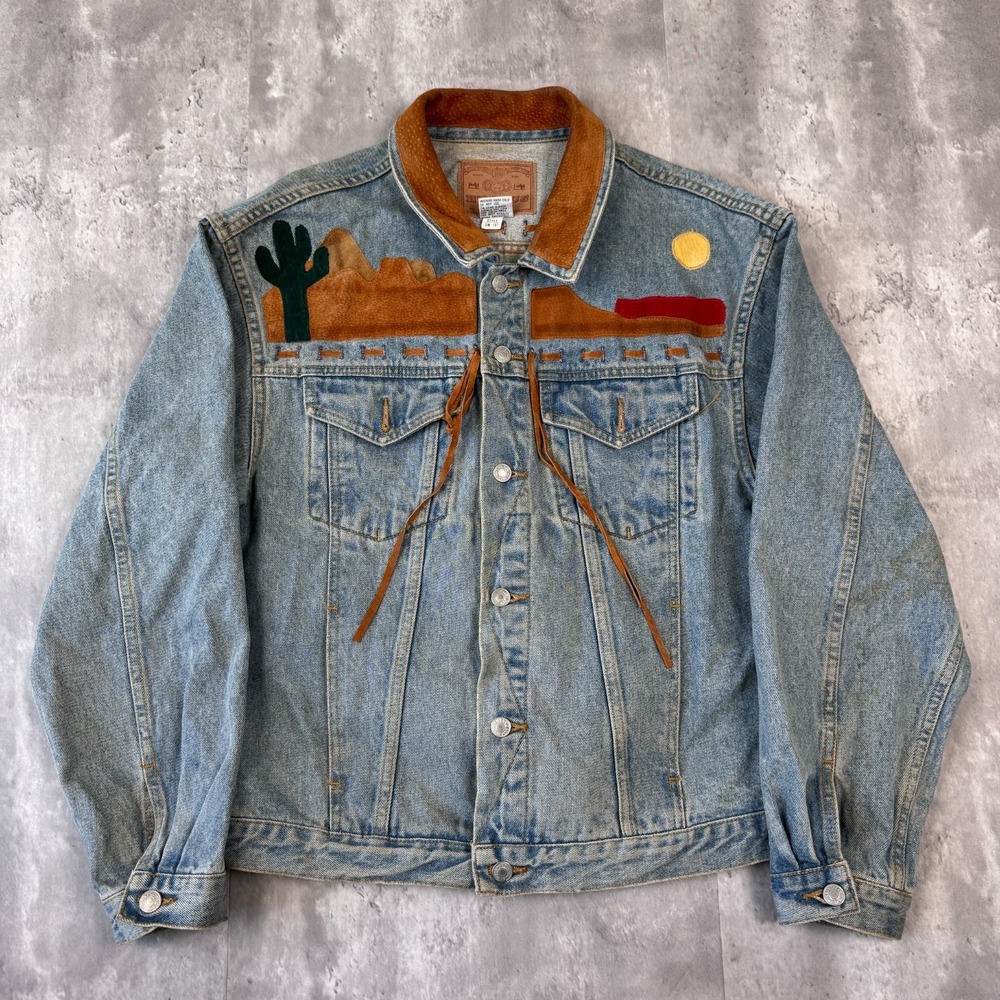 Et Vous Denim Jacket Men's M Western Desert Cactus Suede Jean Leather Trim